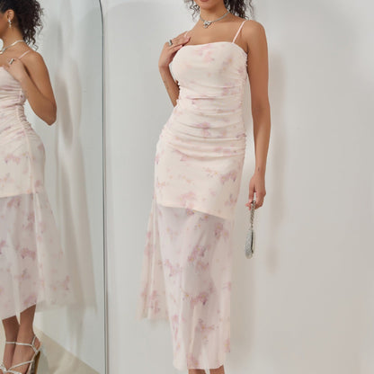 Women's Maxi Dress – Slim Fit – Ruched Detail – Spaghetti Straps – Mermaid Hem