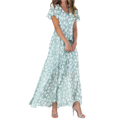 Women's Maxi Dress – A-line Fit – V-neck – Short Sleeves – Light and Elegant