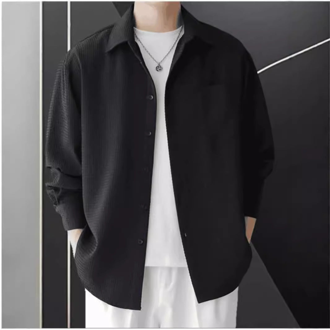 Men's Shirt – Waffle Knit – Oversized Fit – Long Sleeve – Button Closure Casual