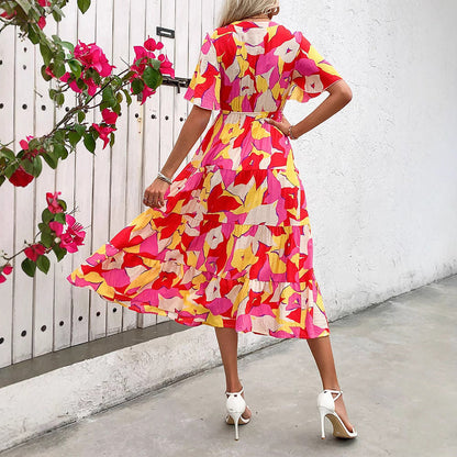 Women's Dress A-line – Lightweight Material – Ruched Sleeves – Button Closure – Abstract Print – Midi Length