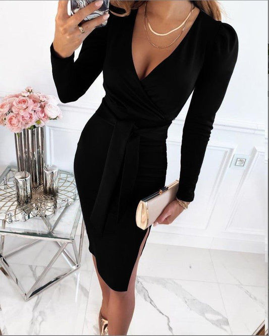 Women's Bodycon Dress - V-Neck - Long-Sleeved - Waistband - Knee-Length with Slit