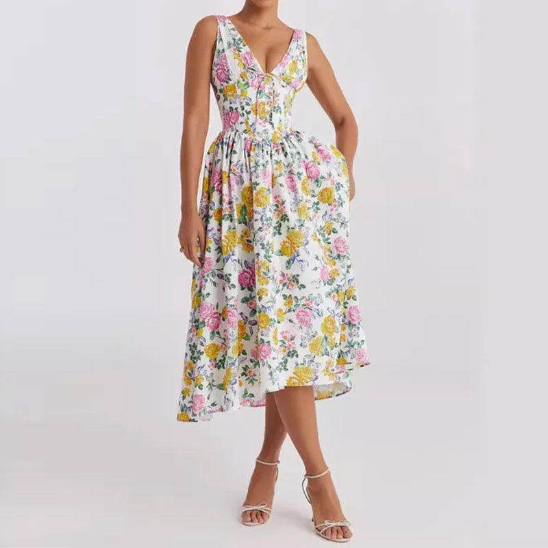 Women's midi dress – A-line fit – V-neck – Spaghetti straps – Floral print