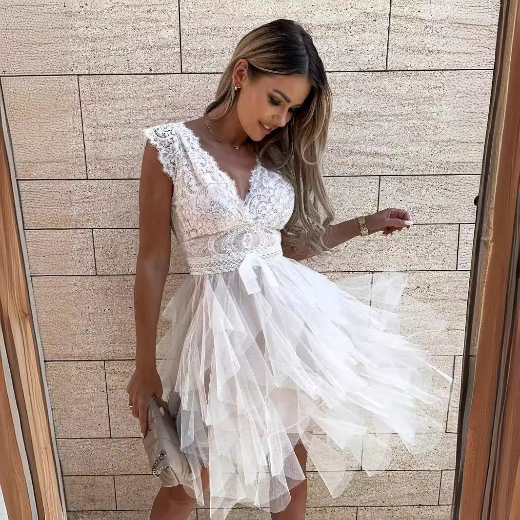 Party Dress for Women – Lace Top – V-Neck – Sleeveless – Tulle Skirt – Knee Length