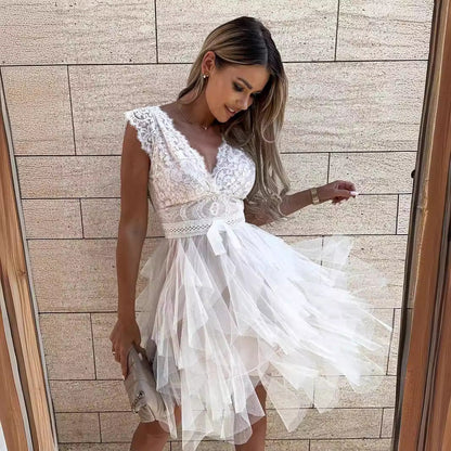 Party Dress for Women – Lace Top – V-Neck – Sleeveless – Tulle Skirt – Knee Length