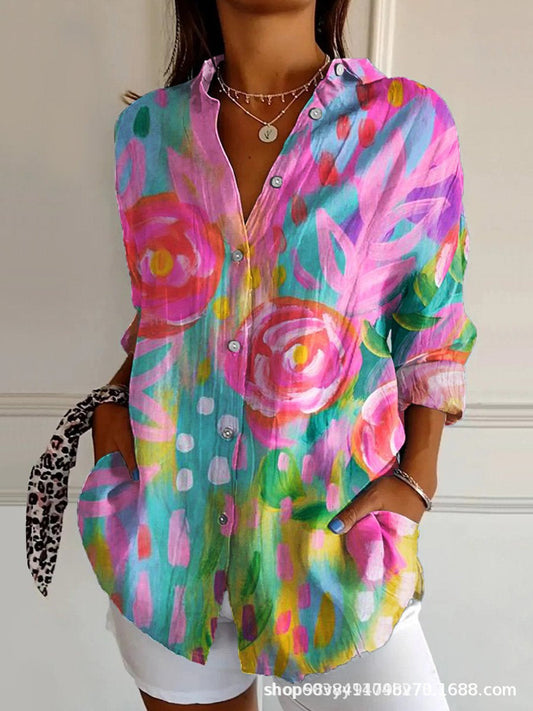 Women’s Blouse – Long-Sleeve Relaxed Fit – V-Neck Abstract Print – Modern Casual