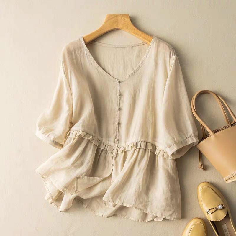Flowy Button Front Blouse for Women – Stylish Casual Comfort