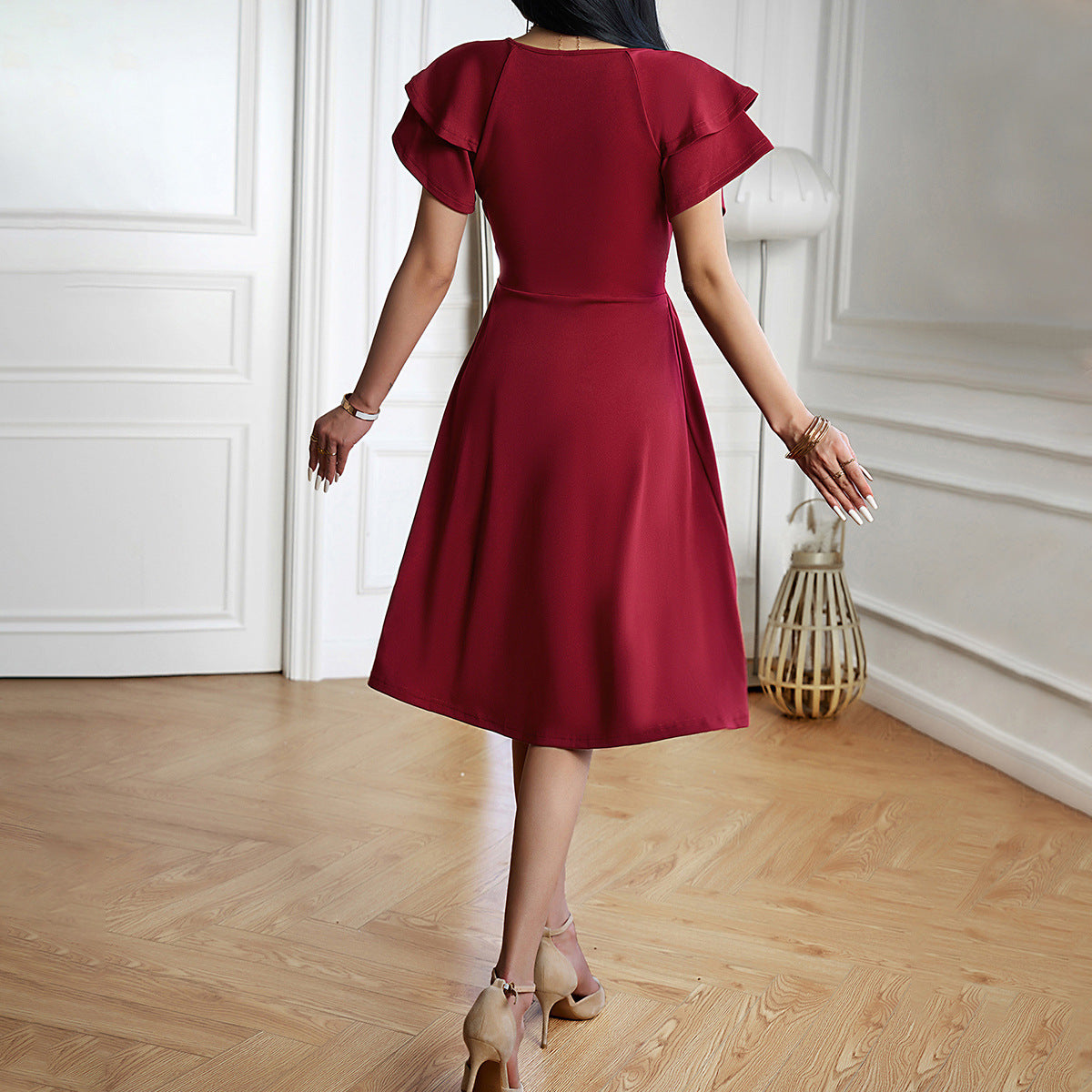 Women's Dress - V-Neck Wrap Design - Short Ruffle Sleeves - Elegant Midi Length Cut