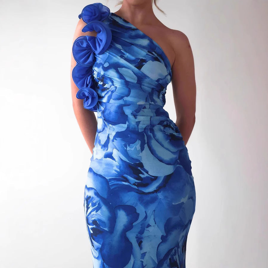 Women's Midi Dress – Slim Fit – One-Shoulder – 3D Flower Detail – Satin Look