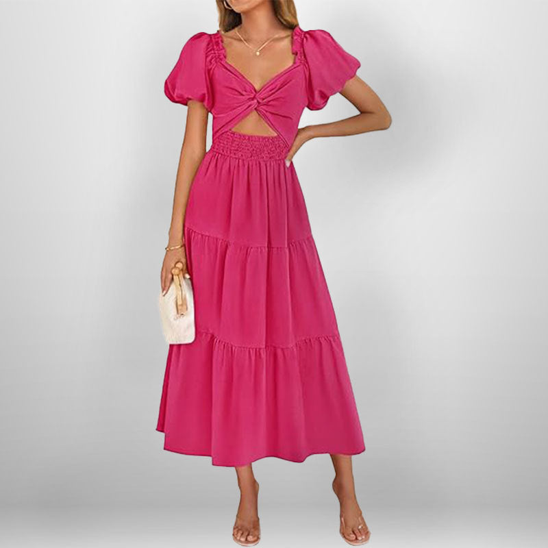 Women's Long Dress – V-Neck – Puff Sleeves – Smocked Waist – A-Line with Ruffles
