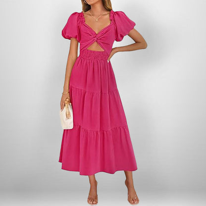 Women's Long Dress – V-Neck – Puff Sleeves – Smocked Waist – A-Line with Ruffles