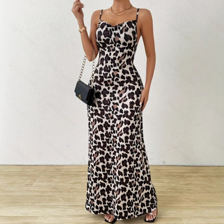 Women's Sleeveless Dress - Slim Fit - Leopard Print - Full Length with Side Slit