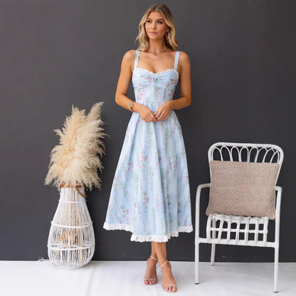 Women's Dress Midi – A-line Cut – Spaghetti Straps – Floral Pattern and Lace Trim