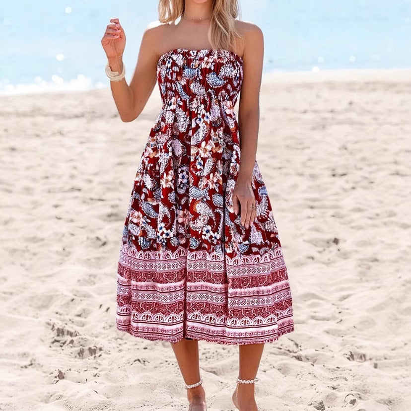 Women's Strapless Dress – Cotton Blend – Floral Print – Wide Silhouette – Midi Length