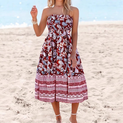 Women's Strapless Dress – Cotton Blend – Floral Print – Wide Silhouette – Midi Length