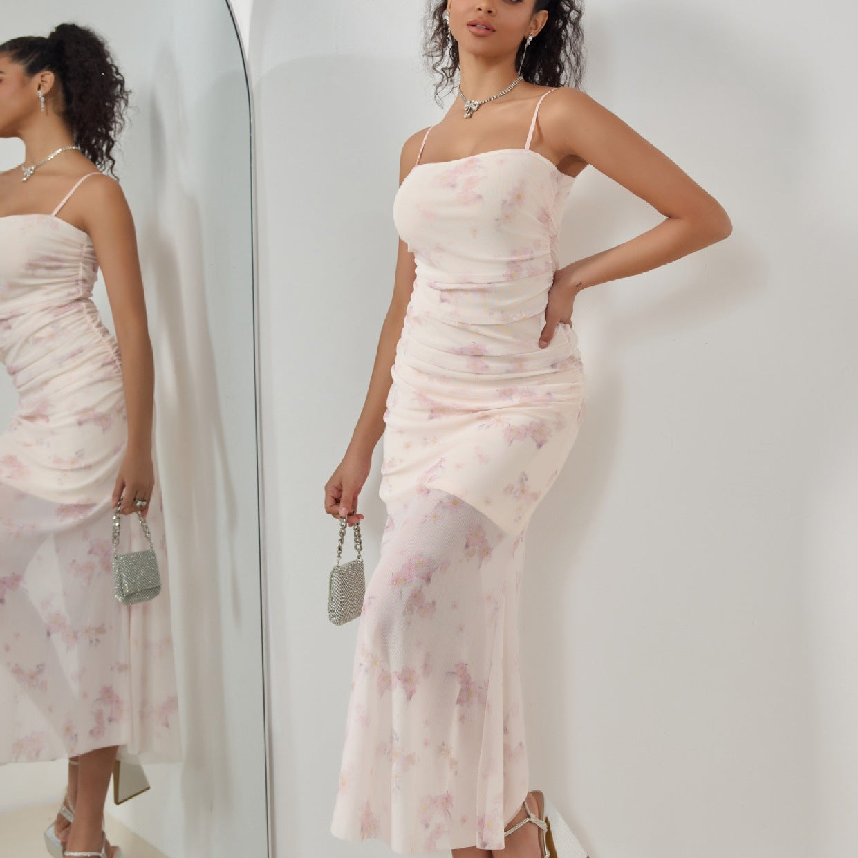 Women's Maxi Dress – Slim Fit – Ruched Detail – Spaghetti Straps – Mermaid Hem