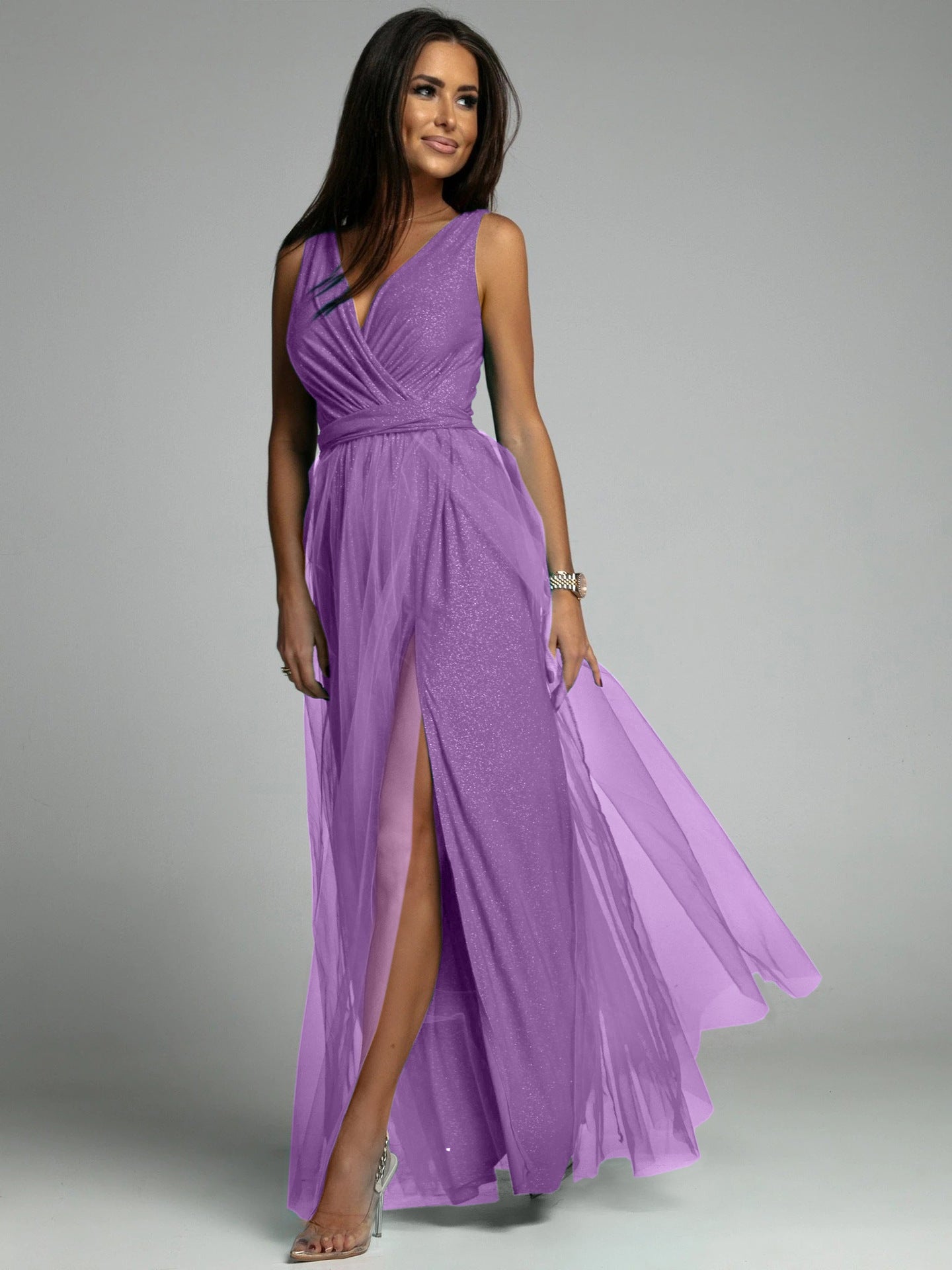 Women's Evening Dress – Slim Fit – Deep V-Neck – High Slit – Shiny Fabric