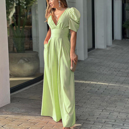 Women's Jumpsuit – Wide Legs – Puff Sleeves – V-Neck – Defined Waist – Elegant Cut