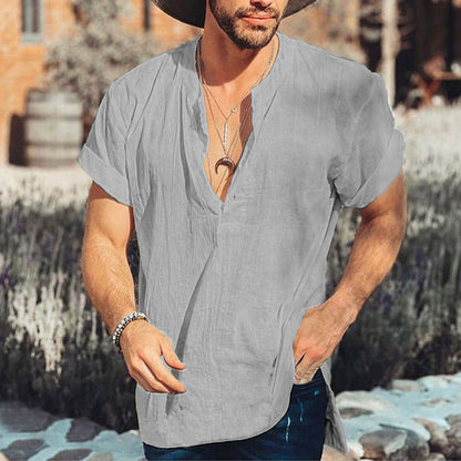 Men's Shirt – Relaxed Fit – Short Sleeve – V-Neck – Breathable Natural Material