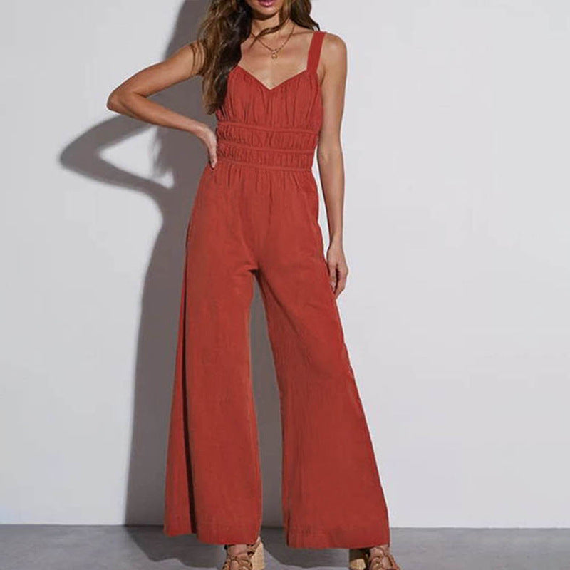 Women's Jumpsuit – Wide Legs – Sleeveless – Elastic Waist – Lightweight Cotton Linen