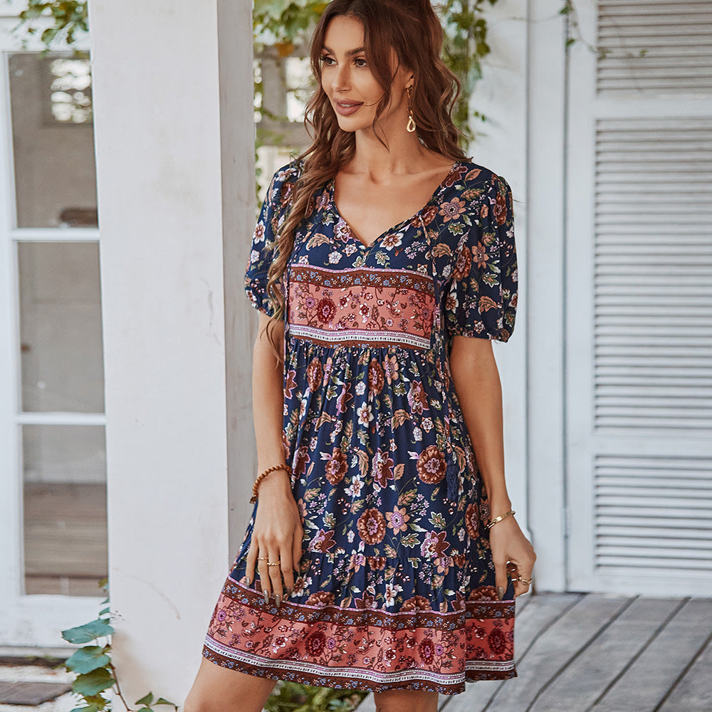 Dress for Women – A-line Mini – Cotton – V-neck – Puff Sleeves – Floral Pattern