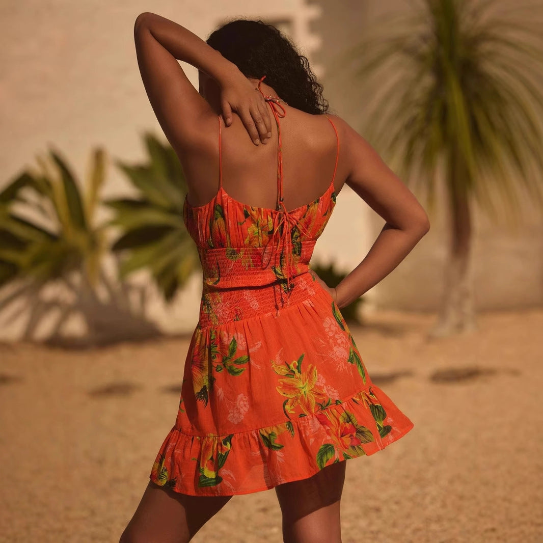 Women's Summer Dress – Light Cotton – Smocked Bodice – A-line – Ruffle Edge – Spaghetti Straps