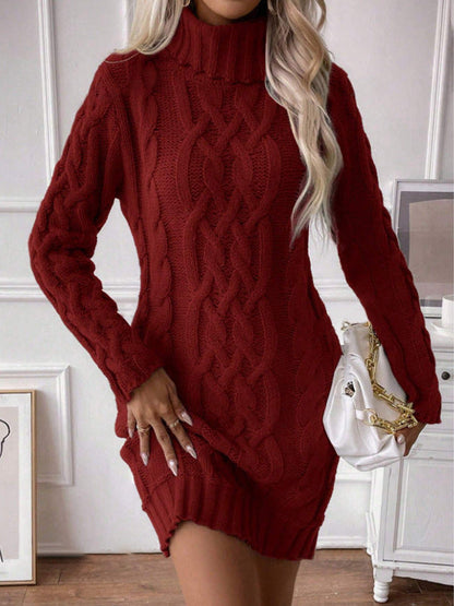 Women's Sweater Dress – Wool Blend – Slim Fit – Cable Knit – Turtleneck – Mini Length