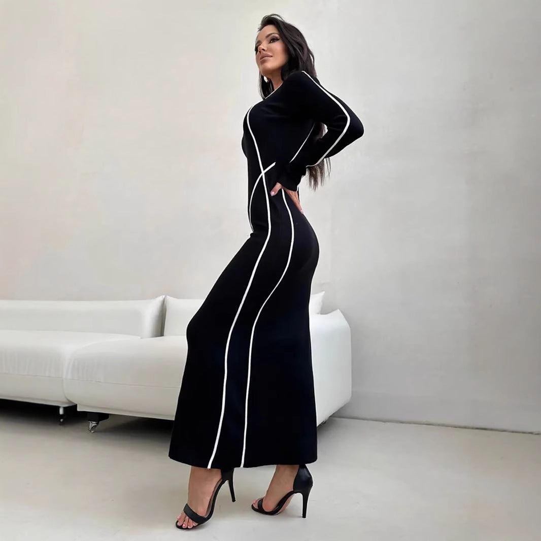 Dress for Women – Bodycon Fit – Stretch Material – Long Sleeve – Contrast Stitching