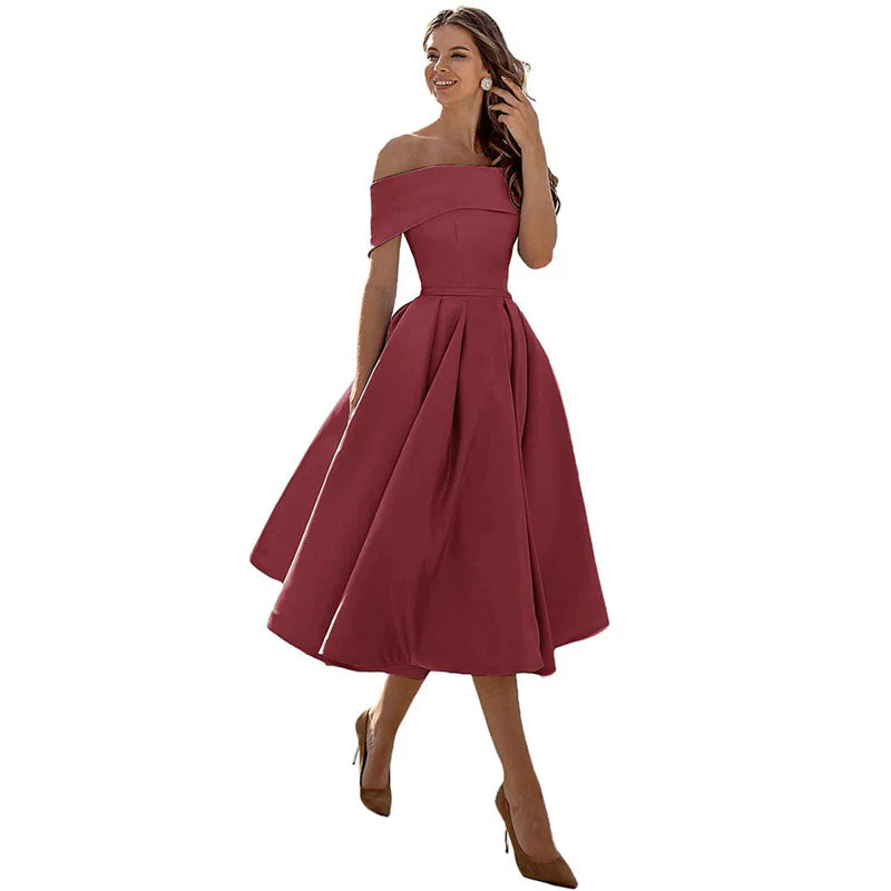 Women's Midi Dress - Elegant Off-Shoulder - Fit & Flare - Formal Party Look