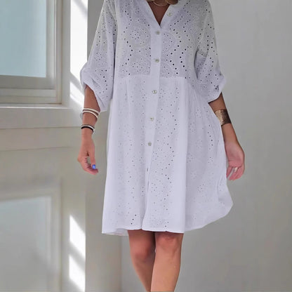 Women's Midi Dress – A-Line Fit – Embroidered Lace – V-Neck Button Closure – With Pockets