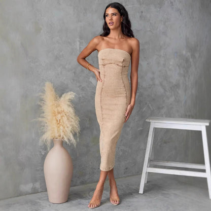 Women's Strapless Denim Dress – Slim Fit – Midi Length – Structured Seam Detailing