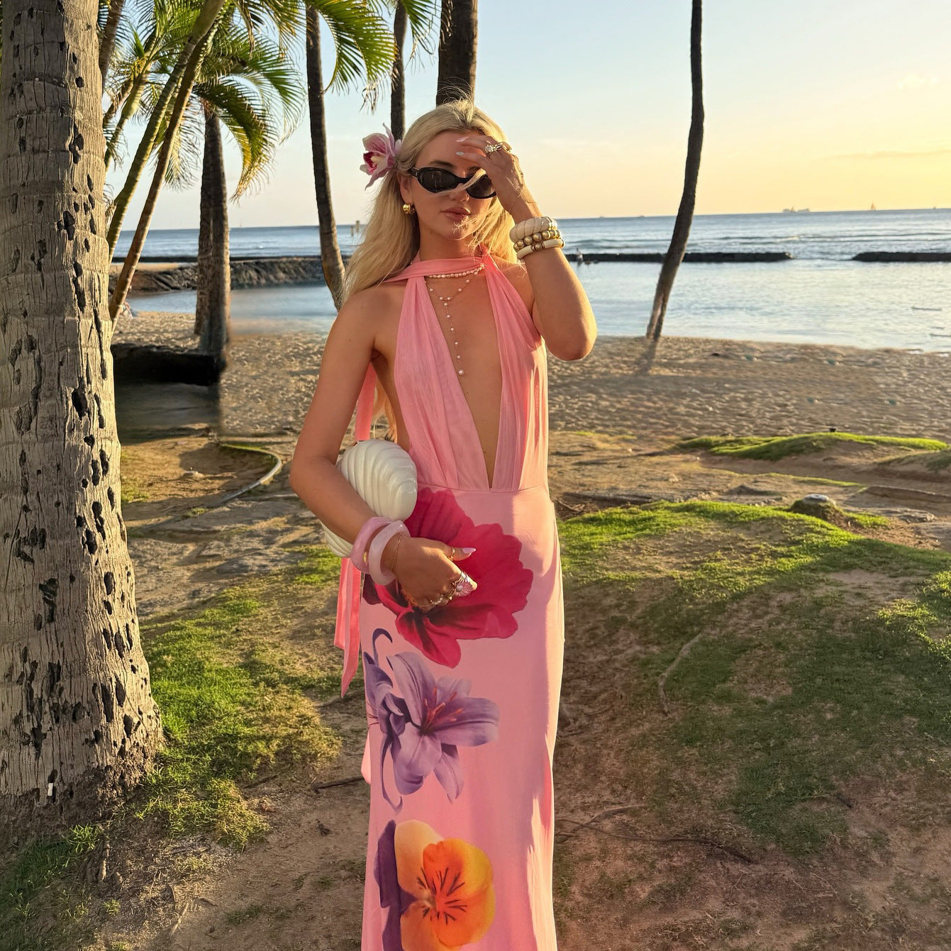 Women's Maxi Dress – Slim Fit – Halterneck – Deep V-neck – Floral Mesh Design