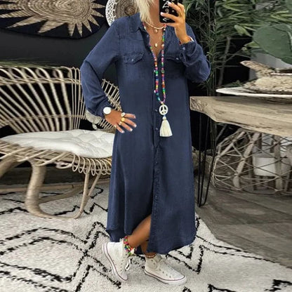 Women's Shirt Dress - Denim - Long-Sleeved Midi - Button Closure & Chest Pockets