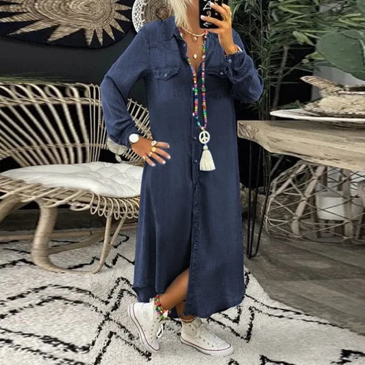 Women's Shirt Dress - Denim - Long-Sleeved Midi - Button Closure & Chest Pockets