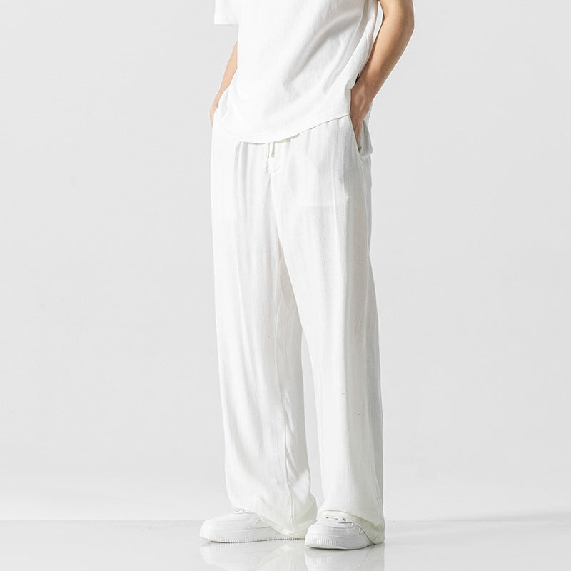 Men's Trousers – Linen Blend – Loose Fit – Full Length – Drawstring Closure