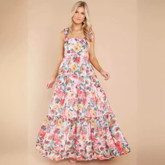 Women's Maxi Dress – Sleeveless A-Line – One Shoulder – Floral Print – Layered Cotton