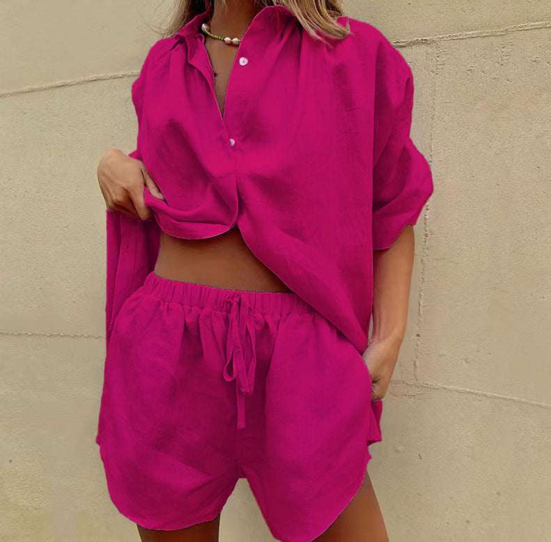 Women's Set – Casual Shirt and High-Waisted Shorts – Light and Breathable Linen Look
