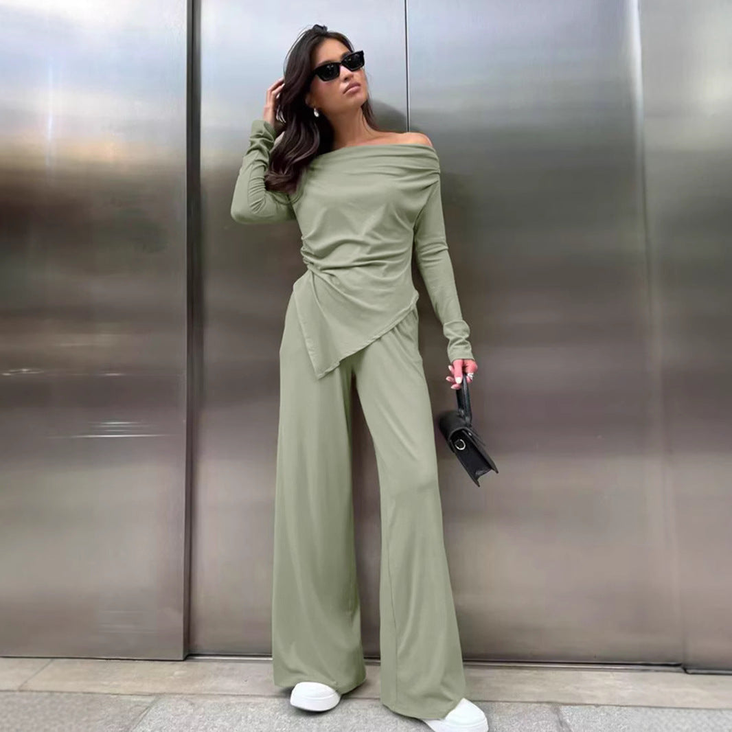 Women's Set – Off-Shoulder Top Asymmetric Cut – Wide Pants – Soft Stretch Knit