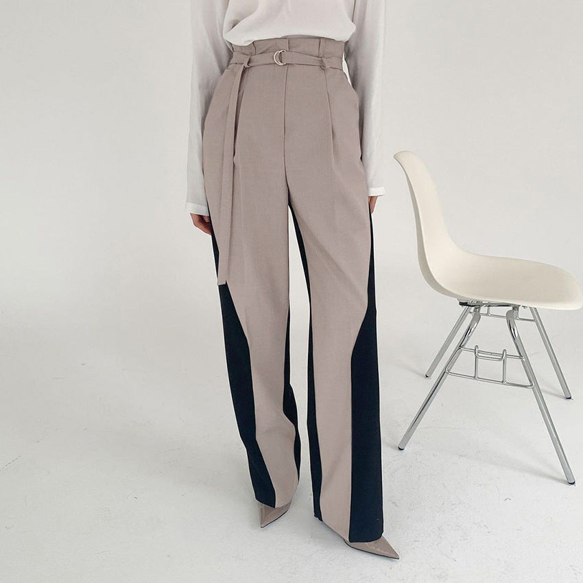 Women's Pants – Wide Leg – High Waist – Belt with Buckle – Color Block Design
