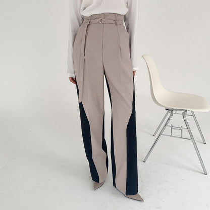 Women's Pants – Wide Leg – High Waist – Belt with Buckle – Color Block Design
