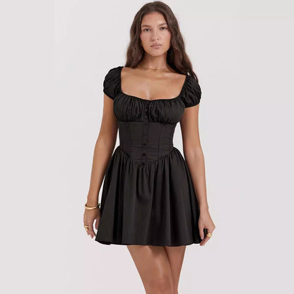 Women's Mini Dress – Slim Fit – A-Line – Puff Sleeves – Square Neckline – Button Details