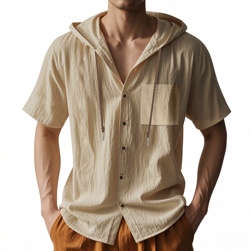 Men's Shirt with Hood – Linen Blend – Relaxed Fit – Short Sleeves – Button Closure