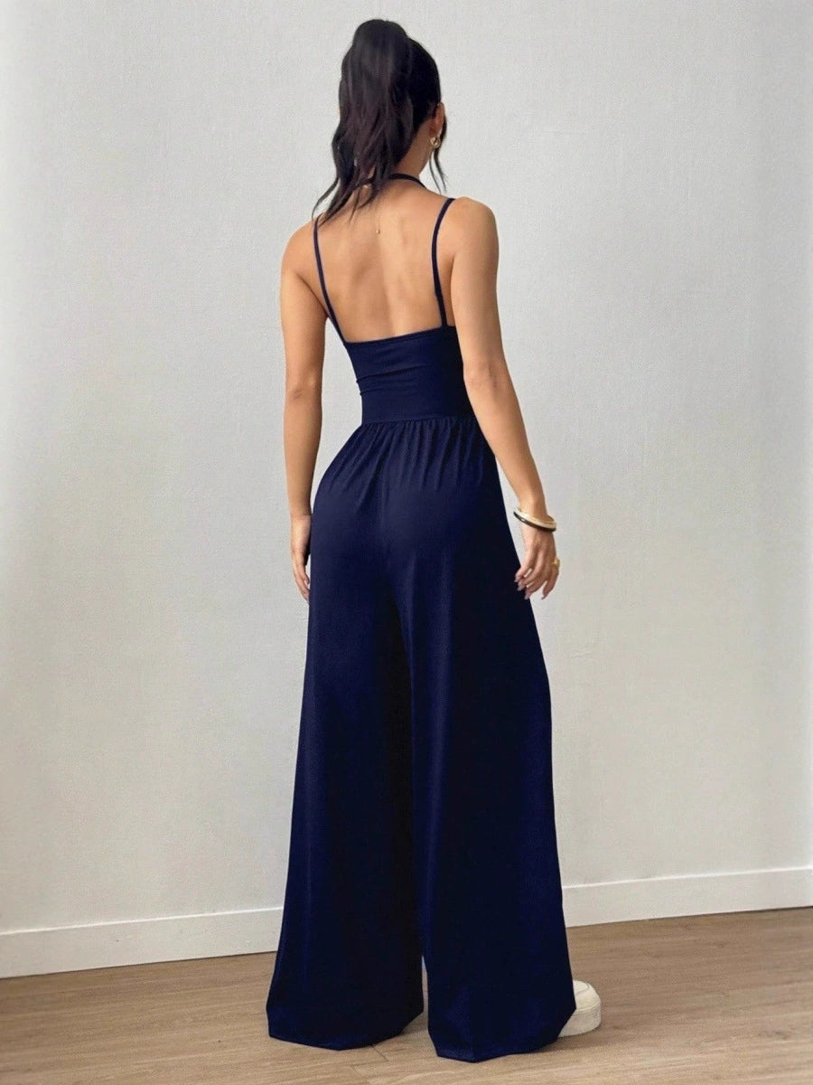Women’s Halter Wide-Leg Jumpsuit – Ruched Waist  – Flowy Summer Fit