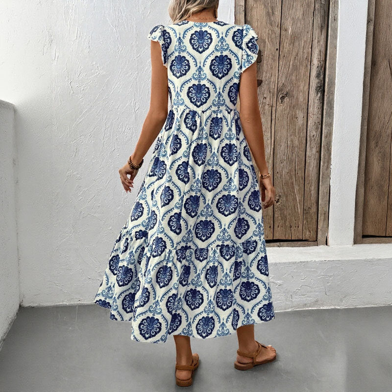 Women's Maxi Dress – Cotton Blend – Loose Fit – Deep V-Neck – Floral Print – Ruffle Sleeves
