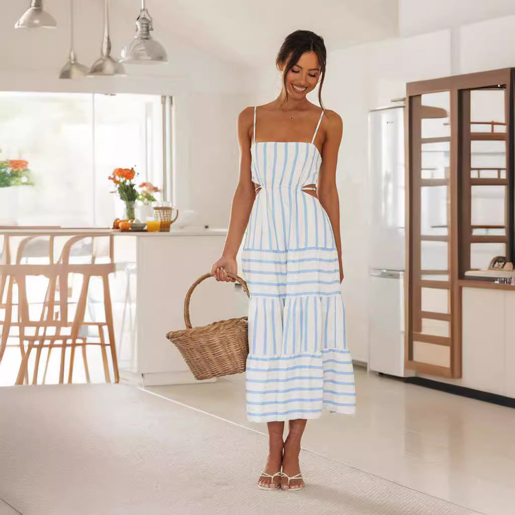 Women's Long Dress – A-Line Fit – Spaghetti Straps – Cut-Out Waist – Layered Skirt