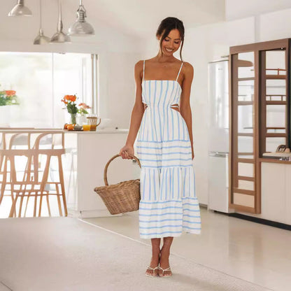 Women's Long Dress – A-Line Fit – Spaghetti Straps – Cut-Out Waist – Layered Skirt