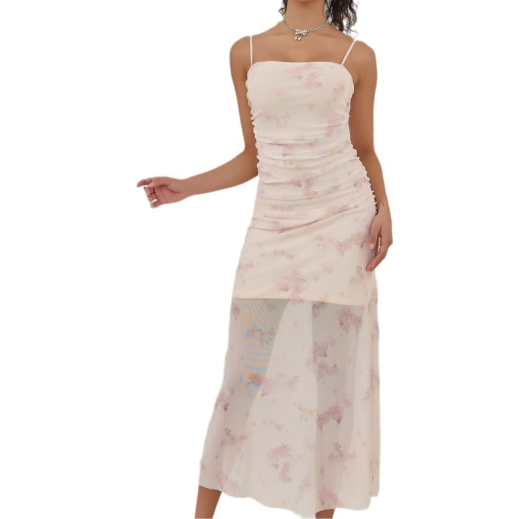 Women's Maxi Dress – Slim Fit – Ruched Detail – Spaghetti Straps – Mermaid Hem