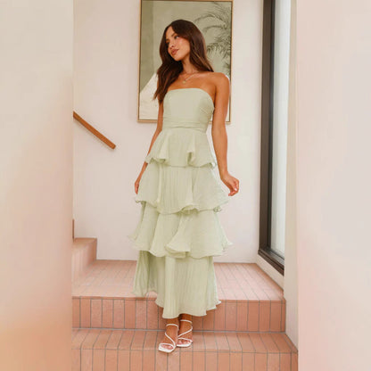 Dress for Women – Strapless Midi – Slim Fit – Lightweight Fabric with Layered Ruffles