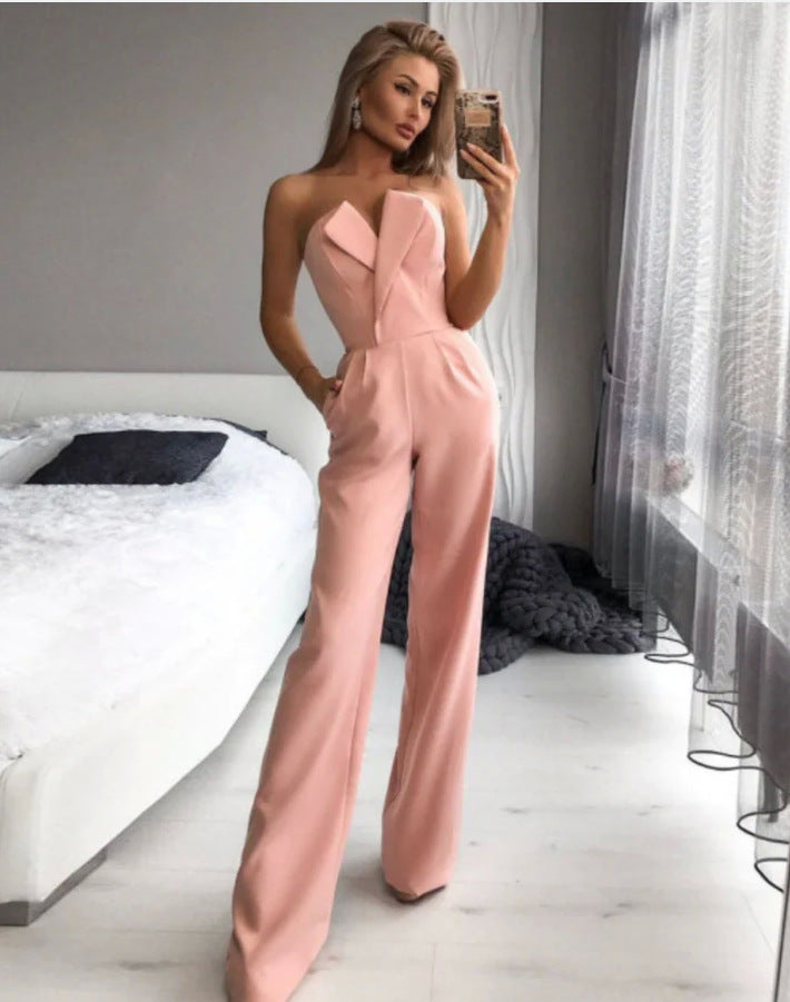 Women's Jumpsuit – Tailored Fit – Strapless Asymmetric Neckline – Wide Leg Elegant Style