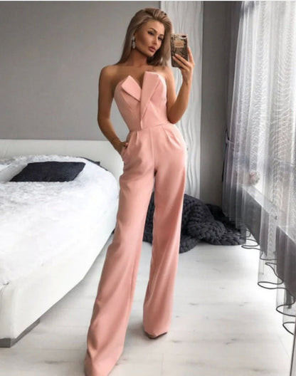 Women's Jumpsuit – Tailored Fit – Strapless Asymmetric Neckline – Wide Leg Elegant Style