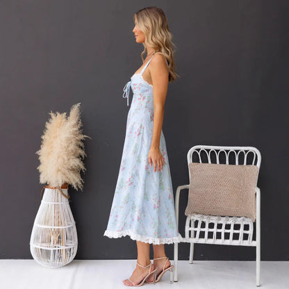 Women's Dress Midi – A-line Cut – Spaghetti Straps – Floral Pattern and Lace Trim